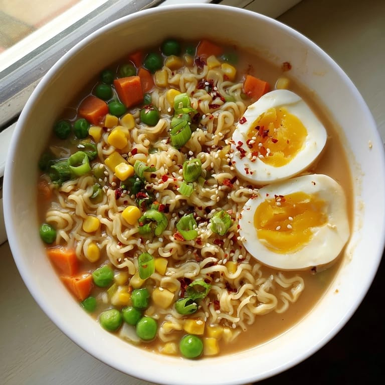 Colorful bowl of Ramen Upgrade with Frozen Peas, featuring vibrant vegetables and savory broth.