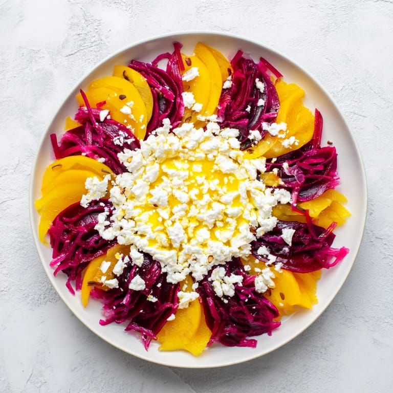 Vibrant Radial Symmetry Sunburst salad, arranged with artistic precision, offering a burst of fresh flavors.