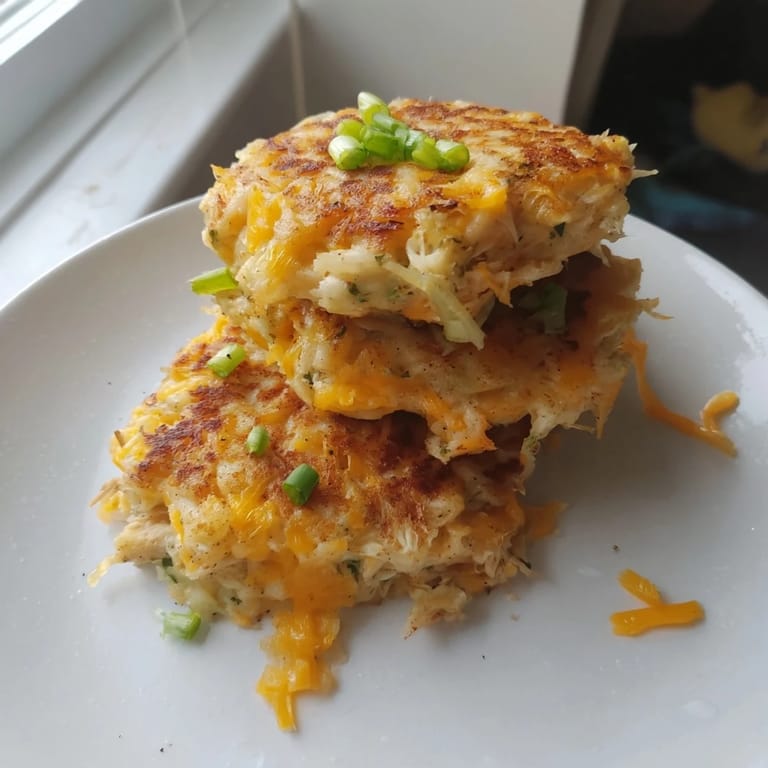 A close-up shot of pan-fried potato and chicken cakes, offering the perfect blend of savory and comforting flavors.