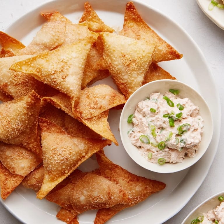 Close-up of freshly air-fried lumpia chips, perfect for scooping up the savory chicken dip.