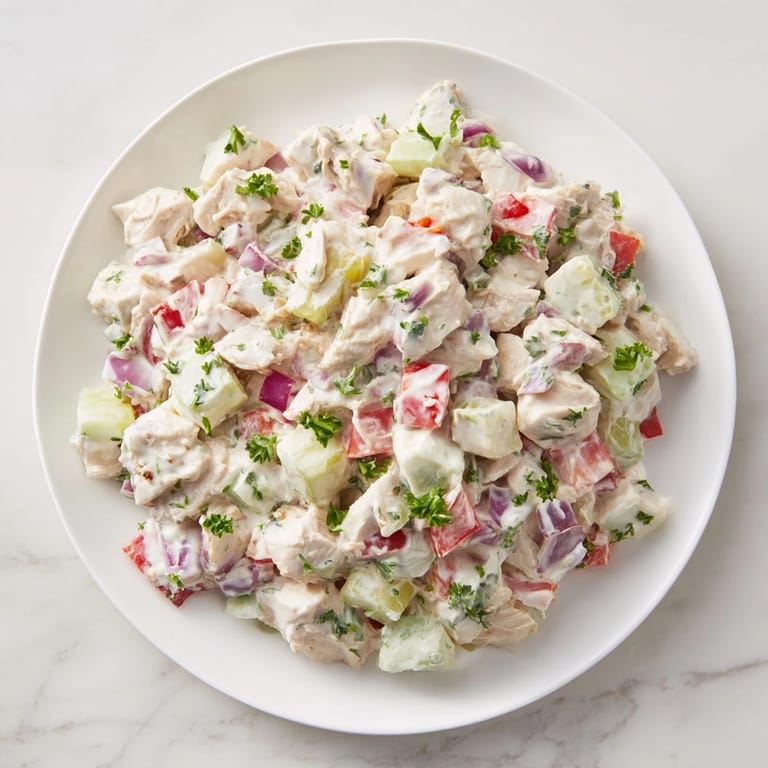 This flavorful, gluten-free canned chicken salad, seasoned with Mrs. Dash, sits ready to serve.