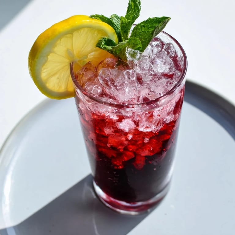A tall glass of the Sleepy Girl Cherry Mocktail glistens, ideal for a relaxing evening, vegan-friendly delight.