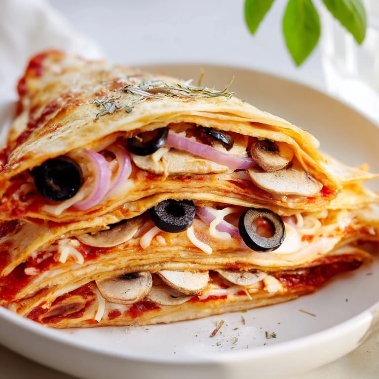 A folded Cheesy Tortilla Pizza Wrap oozing with cheese, fresh basil garnish, perfect for a quick lunch.