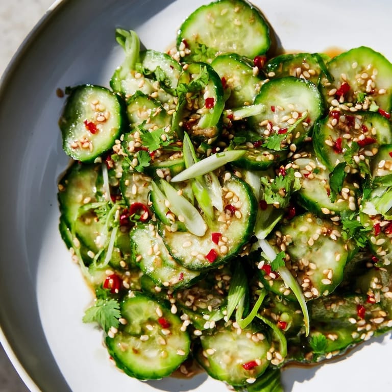 A close-up shot of the fresh and flavorful Tangy Shaken Asian-Style Cucumber Salad ready to serve.