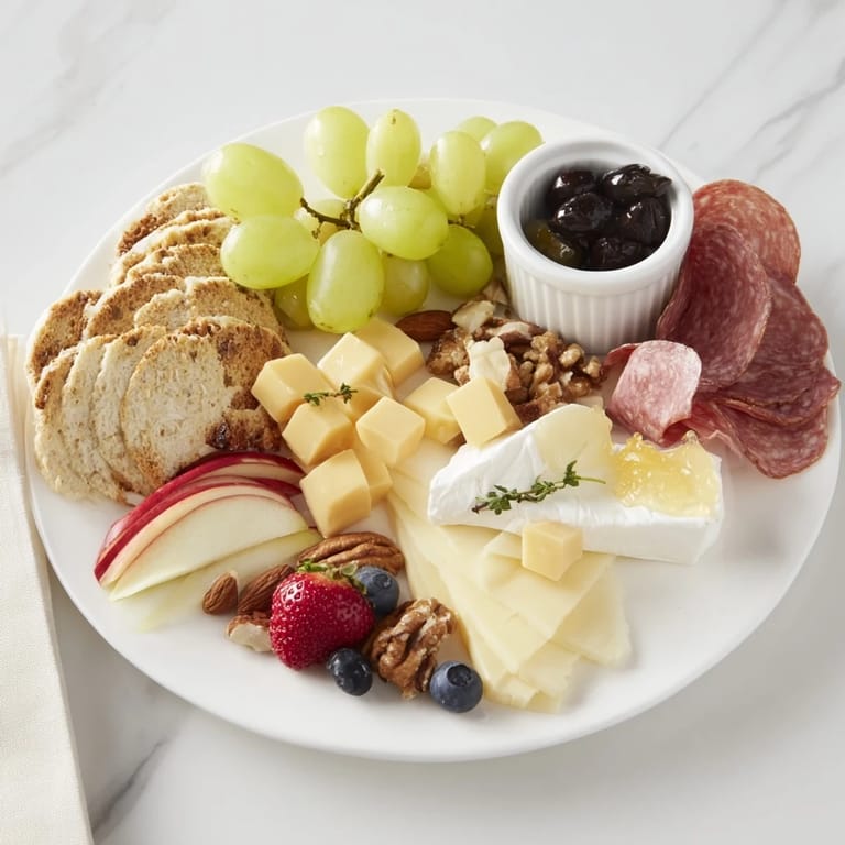 A beautifully arranged Quick Charcuterie Snack Board, laden with fresh fruits and savory meats, is ready to serve.