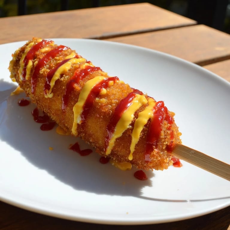 A close-up of sizzling Cheesy Korean Corn Dogs, showcasing their crispy breading and gooey cheese pull.