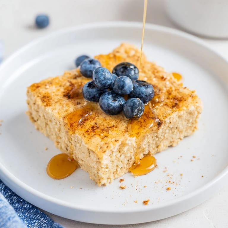 A close-up of baked protein pancake oats, showing visible blueberries and a soft, cake-like texture.