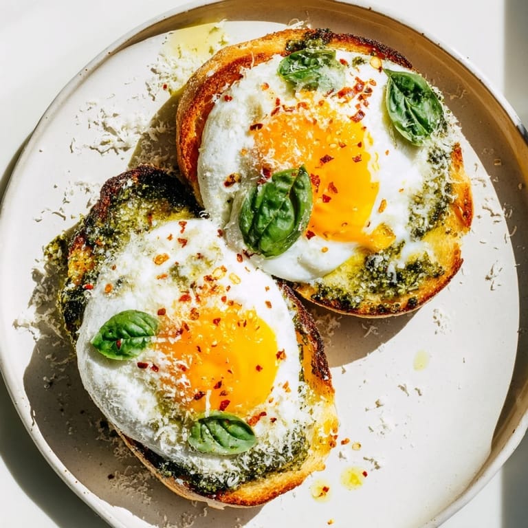 Close-up of fresh, vibrant Pesto Egg Toast with runny yolk and basil pesto, delicious Italian breakfast.