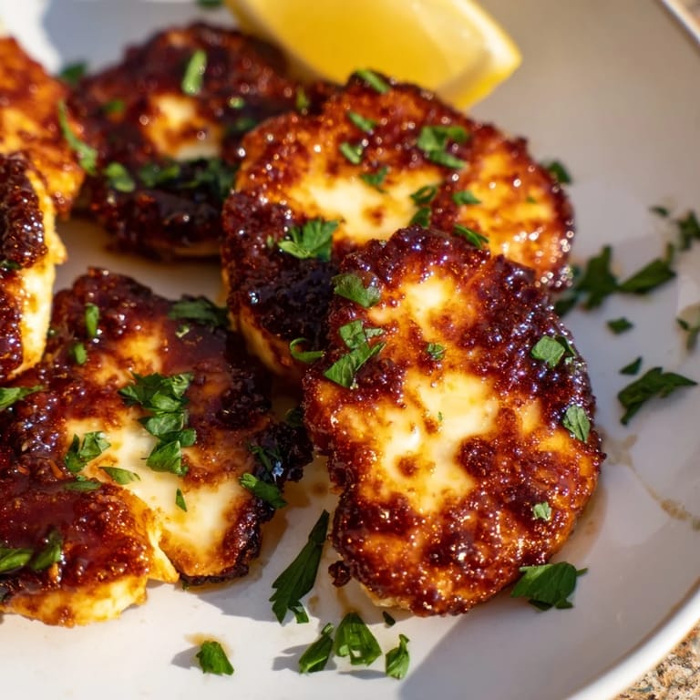 A close-up of delicious Hot Honey Halloumi, a vegetarian appetizer with a spicy honey flavor.