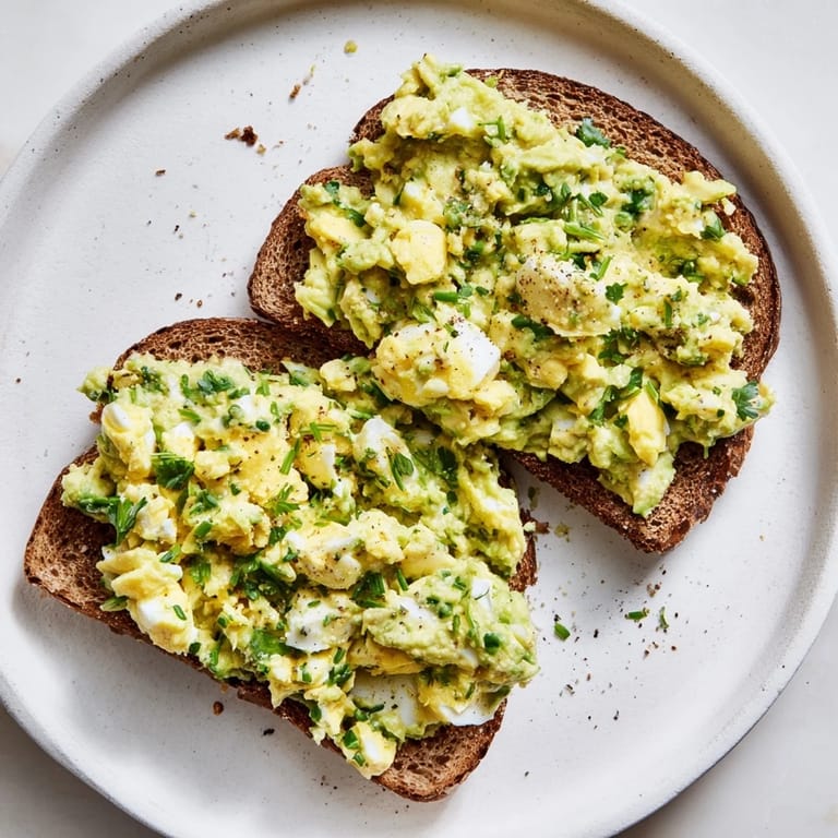 Freshly made avocado egg smash, with visible herbs, ready to be spread on warm toast.