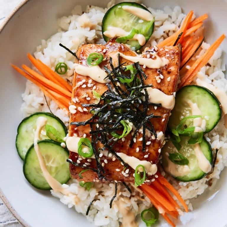 Fluffy white rice topped with glazed teriyaki salmon, a delicious and balanced rice bowl meal.