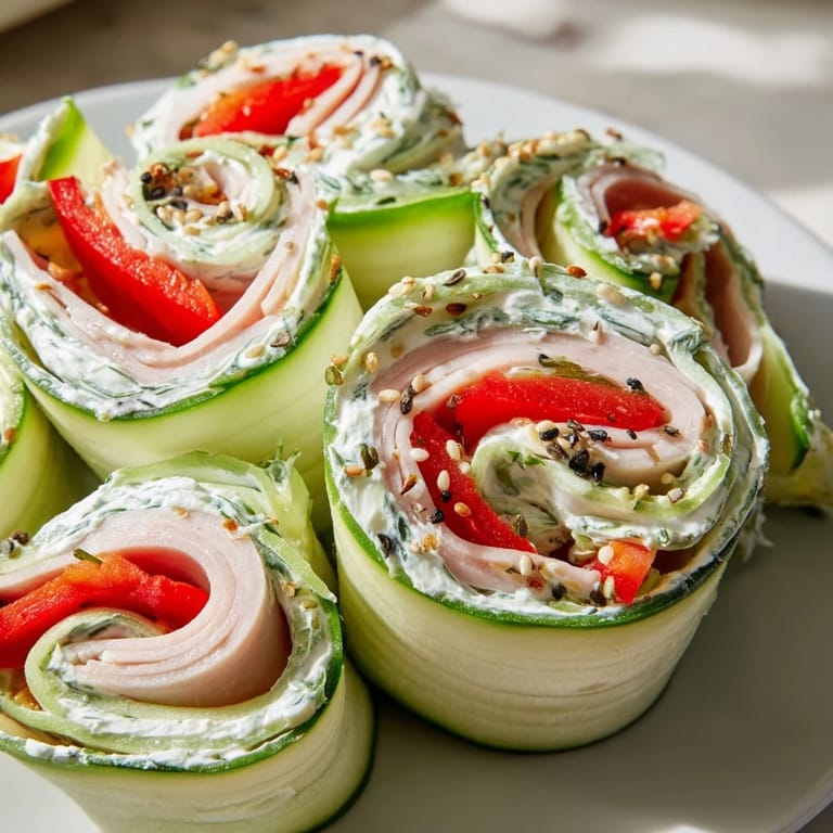 Delectable close-up of Cucumber Roll-Ups, perfect for a keto-friendly, satisfying, light lunch.