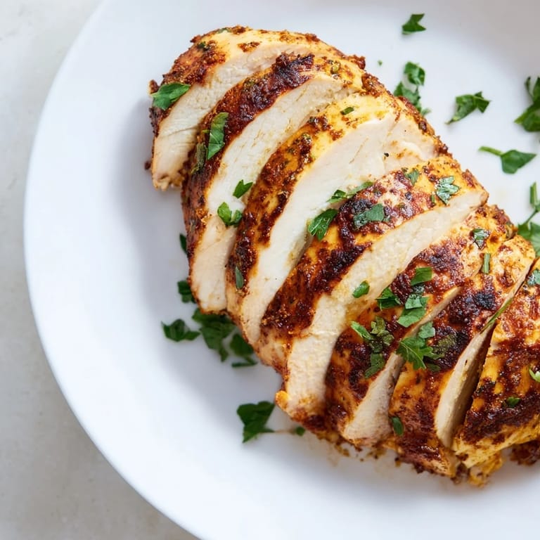 Tender Greek Yogurt Chicken, ready to serve, garnished with fresh parsley and lemon wedges.