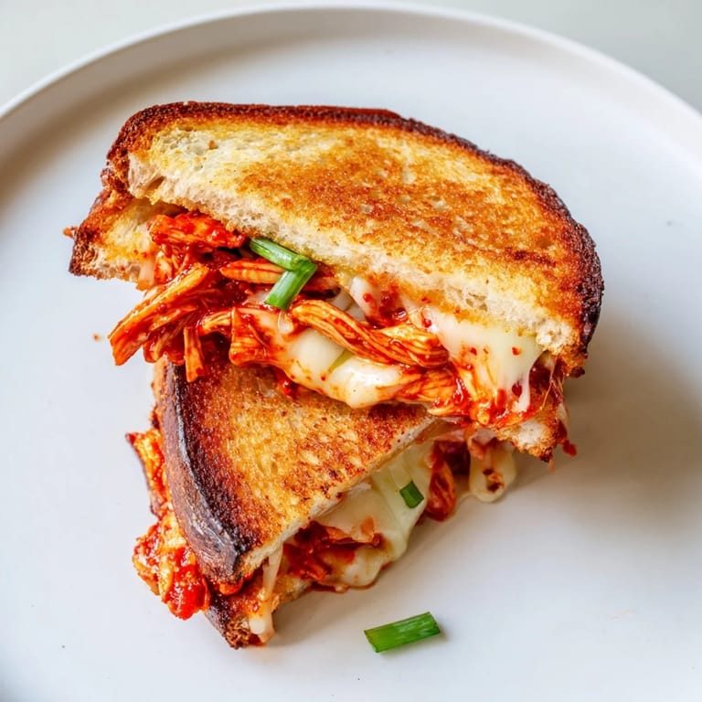 Crispy sourdough hugging a gochujang mayo chicken filling, an enticing grilled cheese sandwich perfect for lunch.