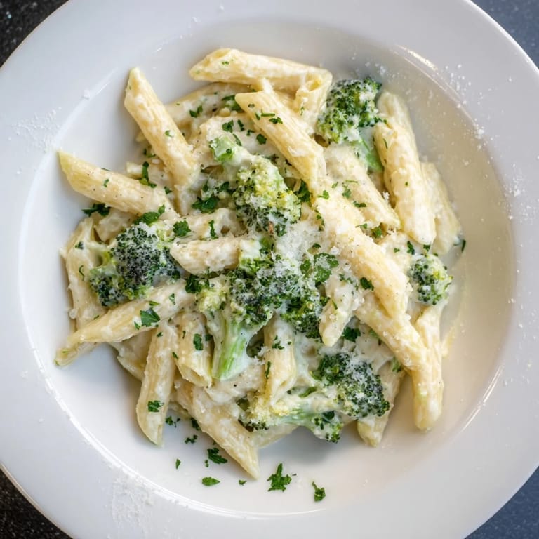 Tender pasta and broccoli coated in a delicious, creamy Cream Cheese Garlic Pasta, ready to serve warm.