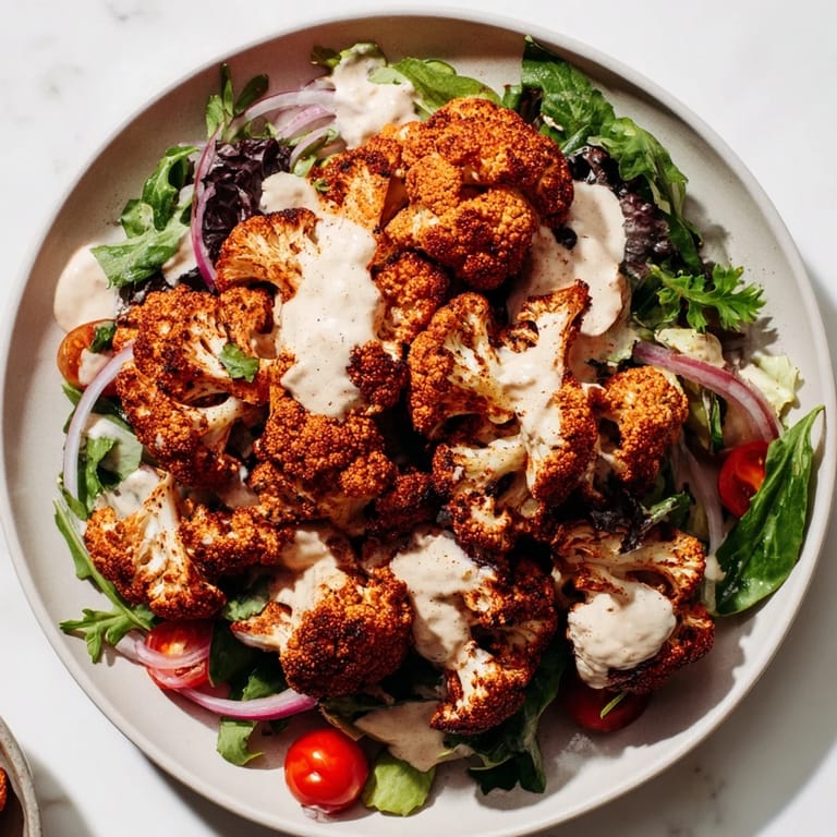 Imagine the delightful crunch of this crispy cauliflower salad with vibrant tomatoes and tahini.