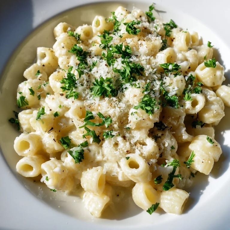 Hot, freshly plated ditalini pasta, creamy garlic sauce swirled around the tender pasta.