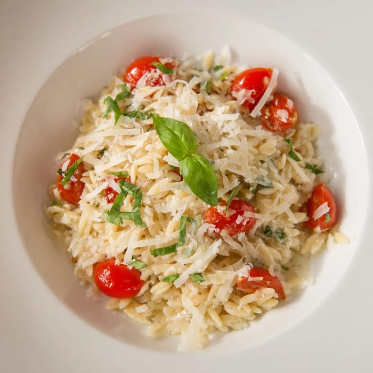 Creamy, comforting Orzo Tomato Parmesan, a flavorful vegetarian main dish featuring Parmesan cheese.