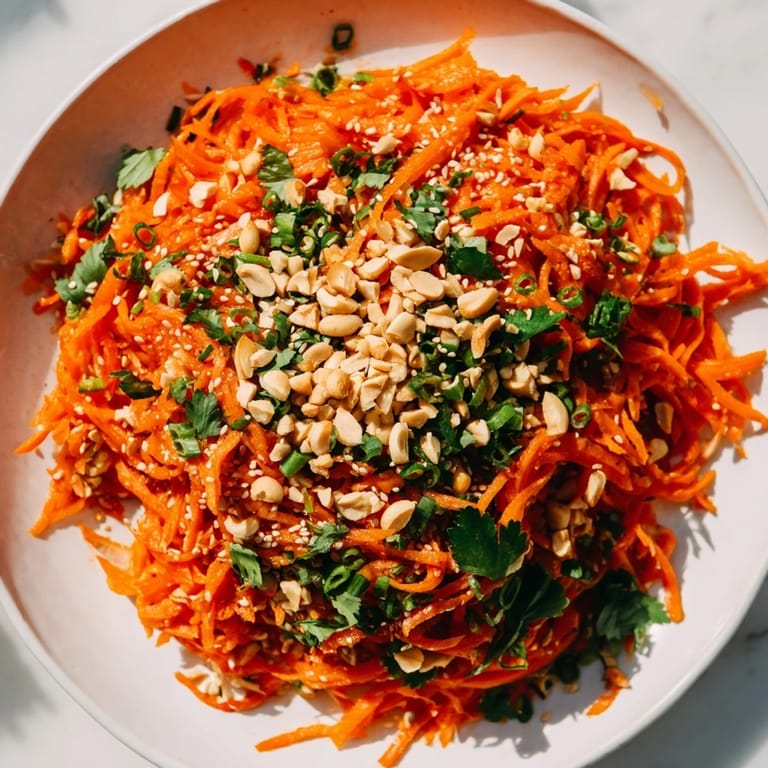 Freshly tossed Spicy Carrot Salad with sesame seeds and peanuts ready to serve; a vegan delight.