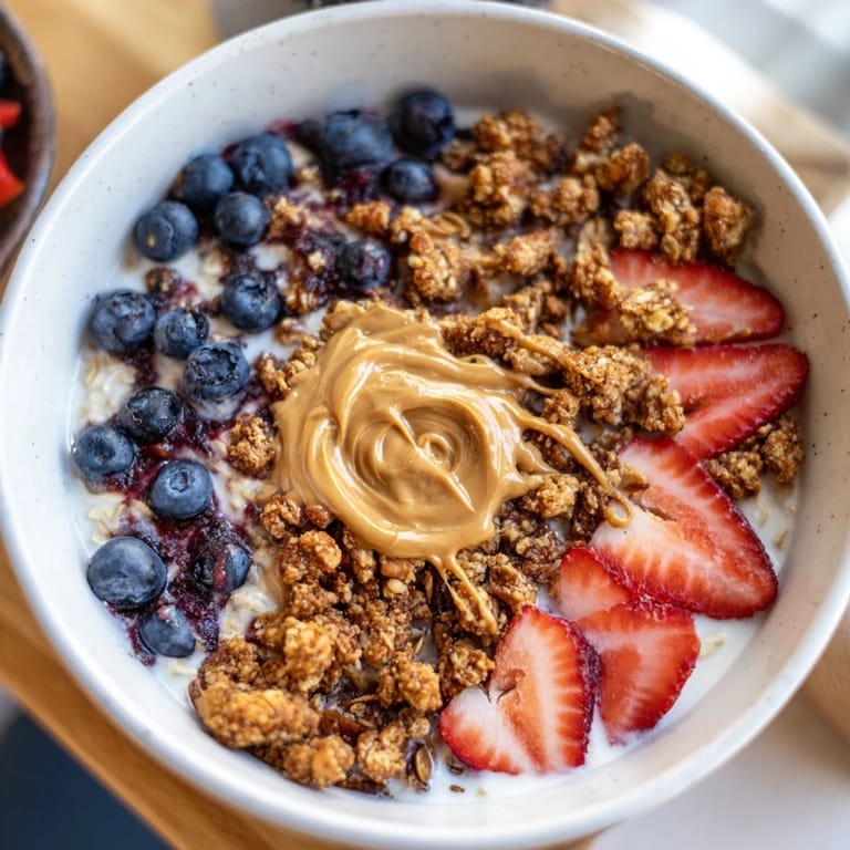 Creamy overnight oats gourmet makeover, infused with espresso, topped with cookie crumbles and a nut butter streak.