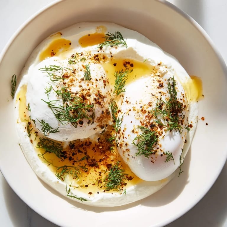 Aromatic Cilbir: creamy yogurt topped with perfectly poached eggs and a drizzle of spicy brown butter.
