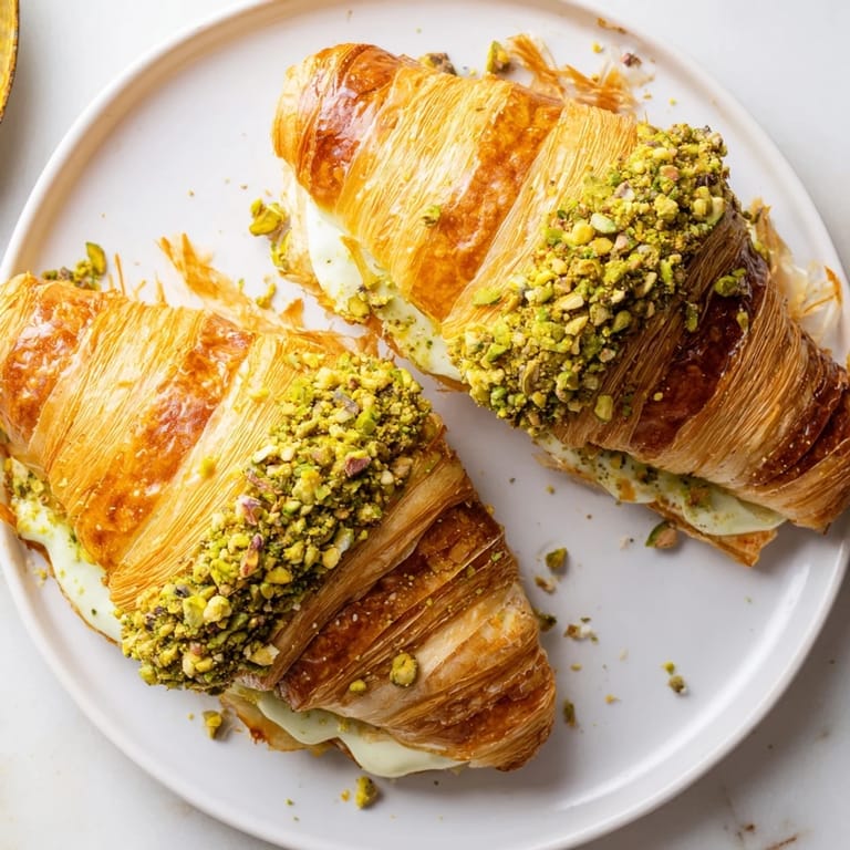 A close-up of buttery Pistachio Cream Croissants, showing a pistachio cream filling, ready to enjoy.
