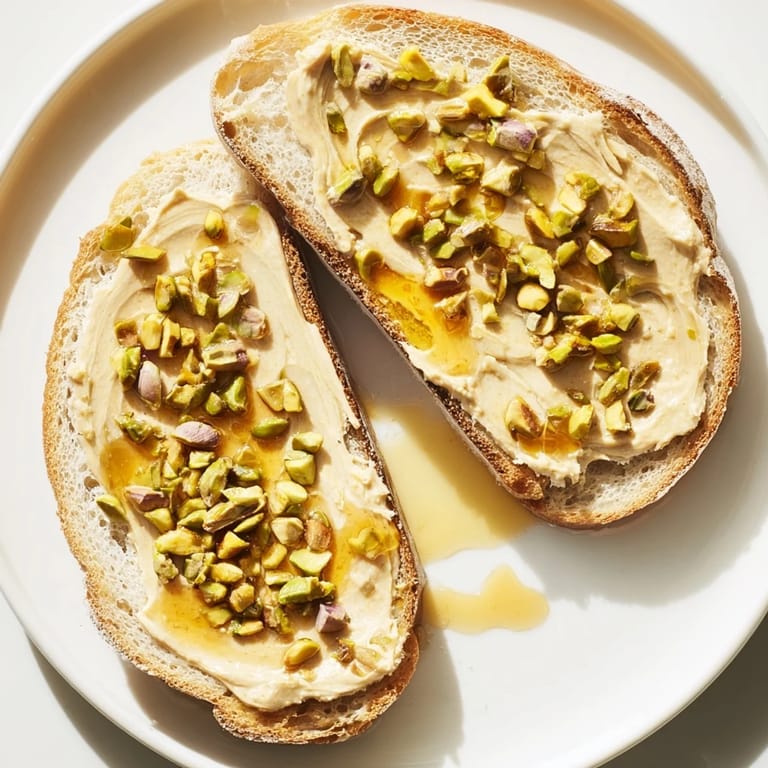Fluffy bread piled high with pistachio butter, honey, and chopped pistachios—making easy Pistachio Butter Toast.
