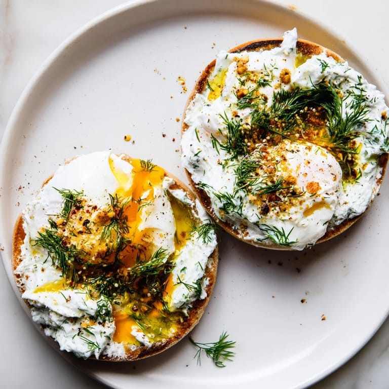 Golden yolks atop the Turkish-American fusion dish: a beautiful photo of Çılbır Eggs Benedict.