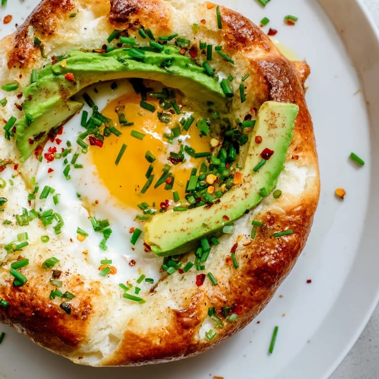 Fresh Cloud Bread Breakfast Clouds topped with sliced avocado and runny-yolk poached eggs for a vibrant morning meal.  
