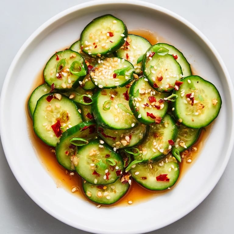 An overhead view of a garlic and sesame-scented cucumber salad, ready to enjoy at a summer picnic.