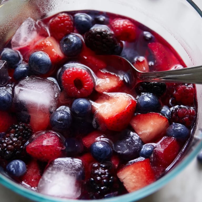 A refreshing Nature’s Cereal Bowl garnished with mint, a spoon beside the berry-filled bowl of ice.