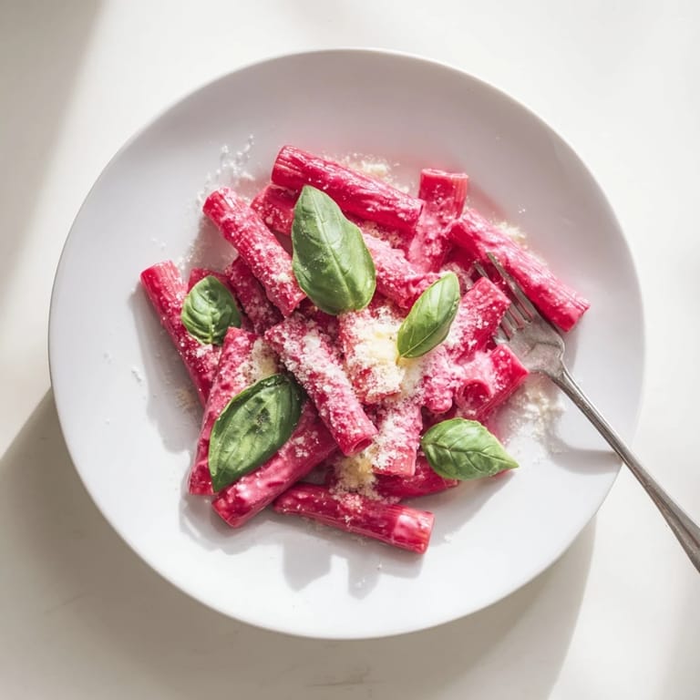 Steaming plate of Pink Pasta with Beet Cream, its silky beetroot sauce glistening under kitchen lights with a side salad.
