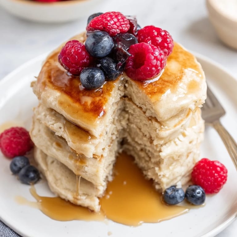 Golden-brown cottage cheese pancakes served warm, revealing their fluffy, protein-packed interior with a dollop of Greek yogurt.  