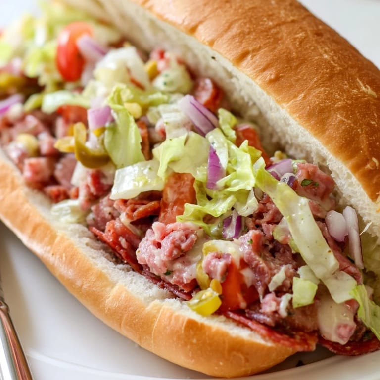 A close-up view of the hearty chopped Italian grinder sandwich, showcasing colorful layers of meats, cheese, and vegetables on a toasted bun.