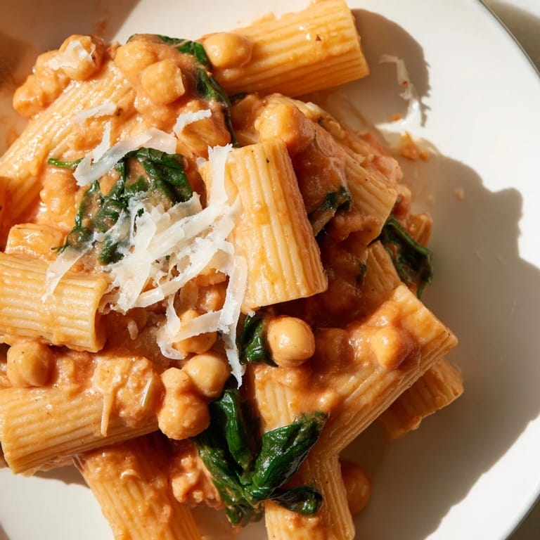 A close-up of Creamy Tuscan Chickpea Pasta showing the rich tomato cream sauce coating al dente pasta, chickpeas, and wilted spinach.