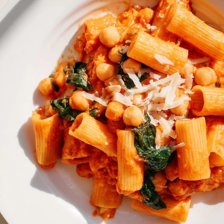 A skillet of bubbling Creamy Tuscan Chickpea Pasta with steam rising, surrounded by fresh spinach leaves and a loaf of crusty bread.