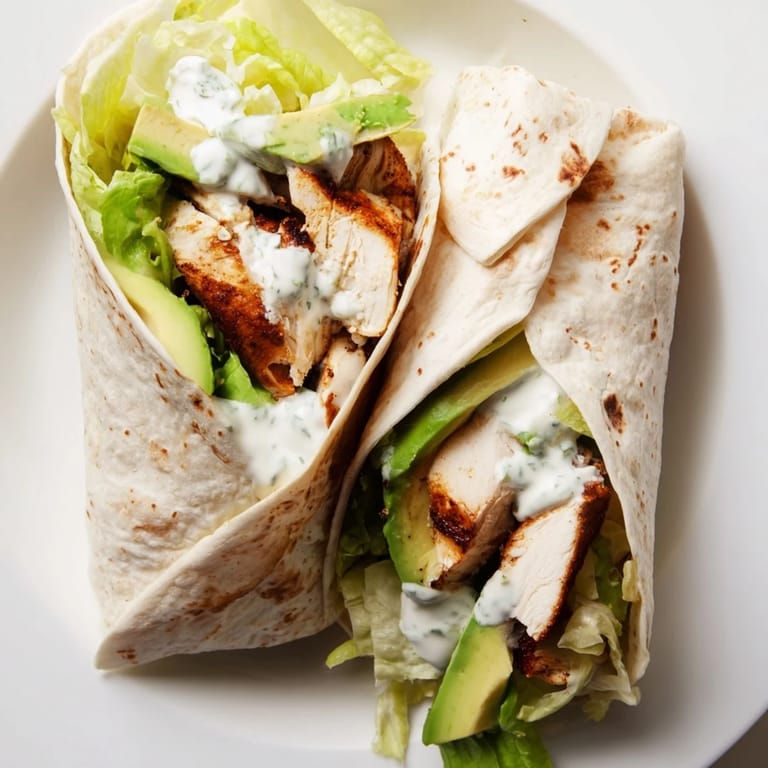Overhead view of Smoky Chipotle Chicken Wrap cut in half, revealing juicy chicken, avocado slices, and shredded romaine inside a soft tortilla.