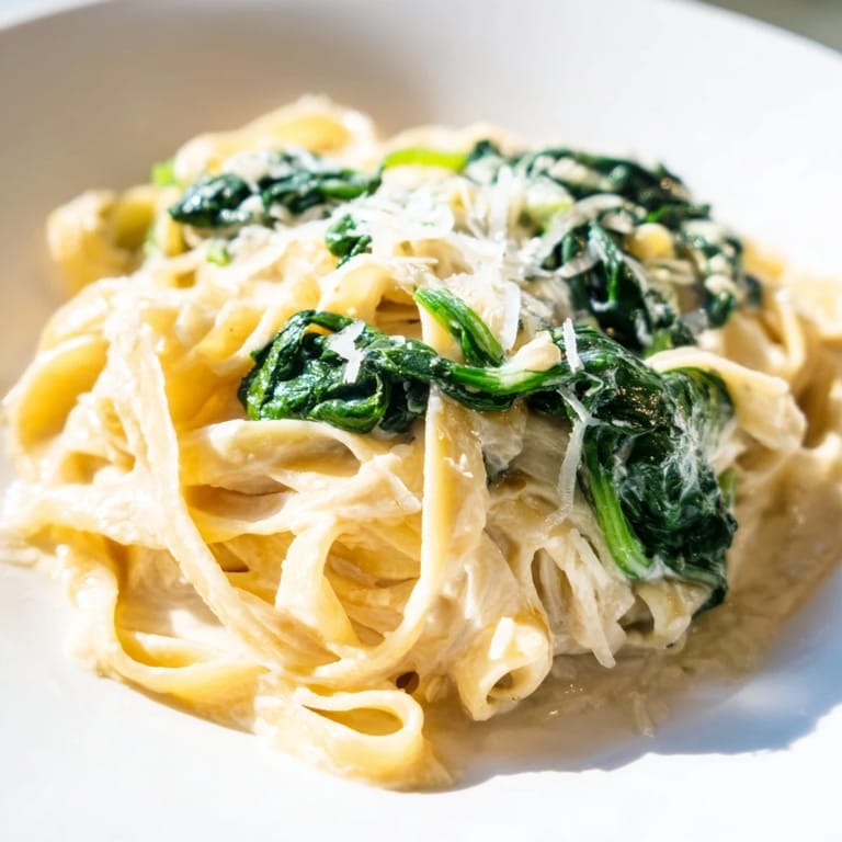 A skillet of creamy garlic spinach pasta steams beside crusty bread for dipping.