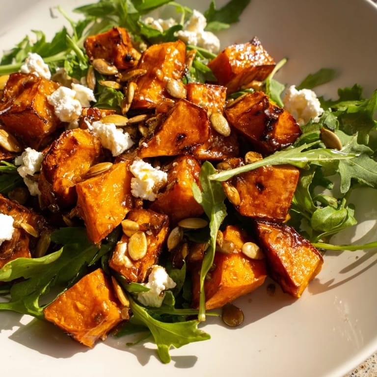 A vibrant bowl of roasted sweet potato salad with glazed sweet potatoes, fresh greens, and a drizzle of tangy dressing.