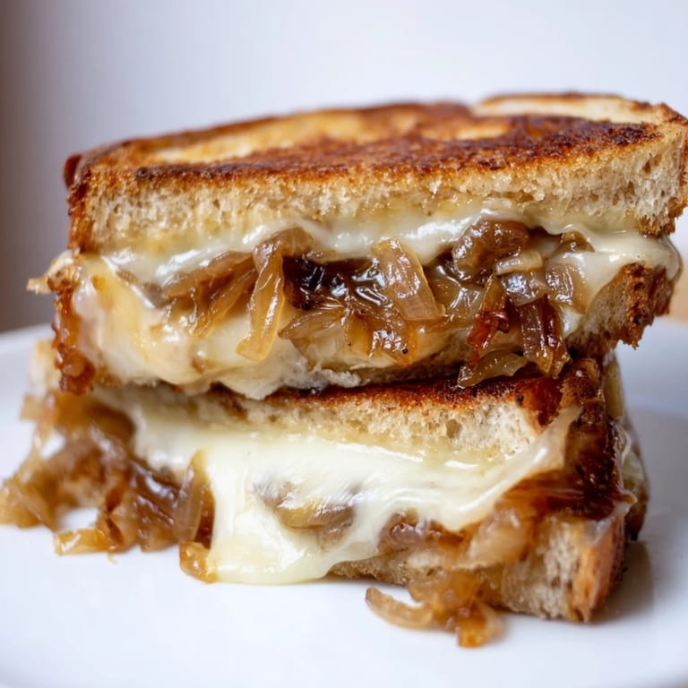 A comforting Caramelized Onion Grilled Cheese sliced to reveal layers of savory, sweet onions and gooey cheese, ready to dip in tomato soup.