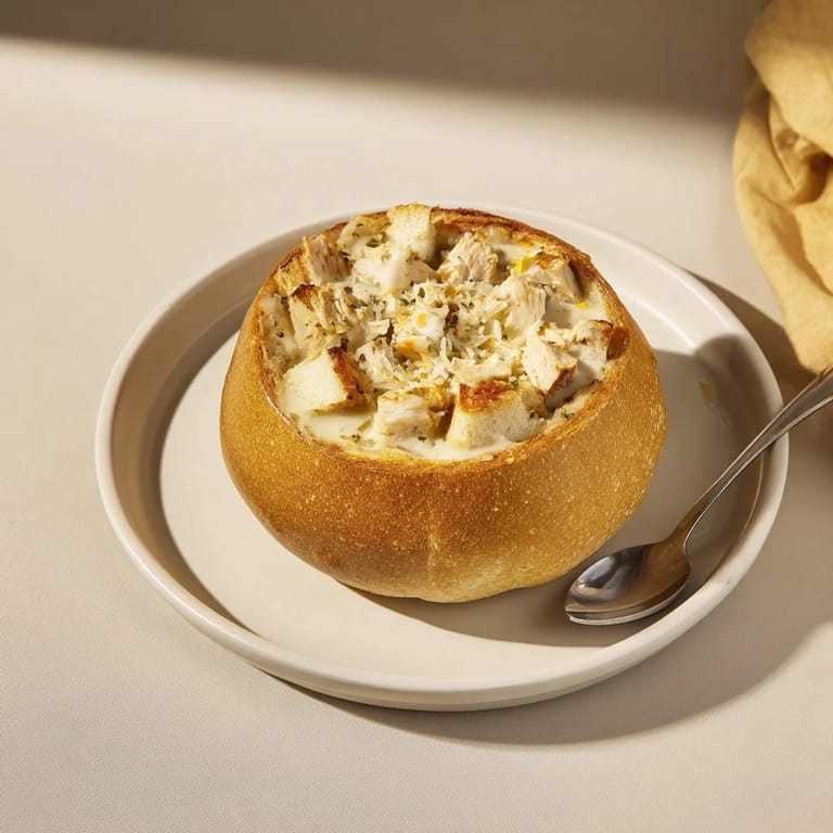 A hearty serving of Chicken Alfredo Bread Bowl paired with a crisp green salad, ready for a comforting dinner.