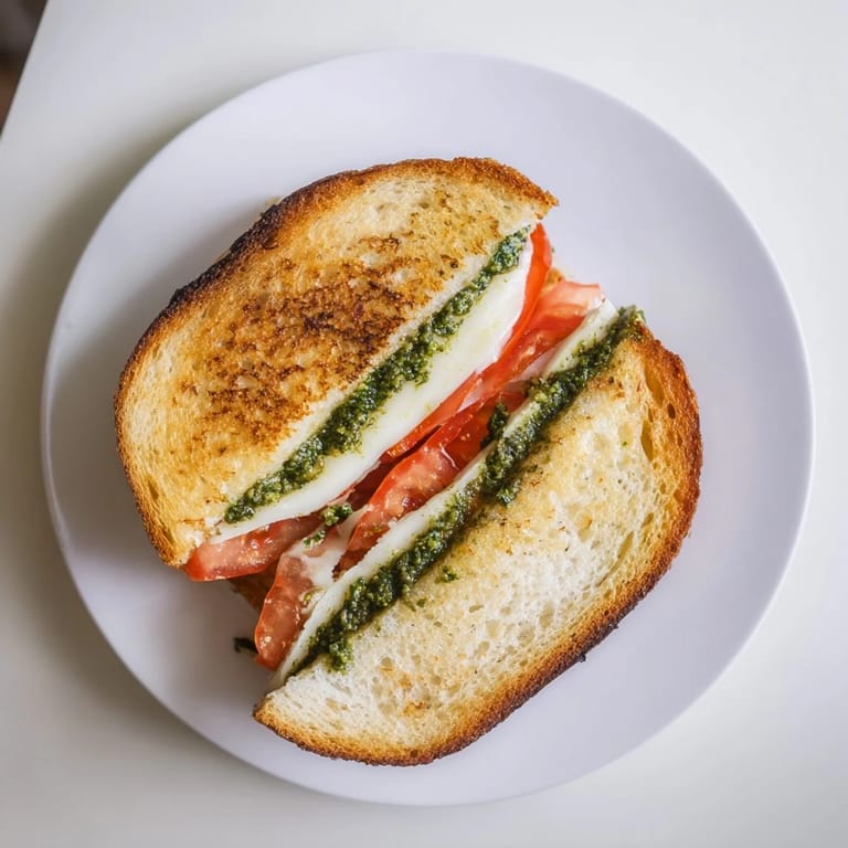 A close-up view shows the crusty exterior of a Caprese Pesto Grilled Cheese, with gooey cheese and vibrant green pesto visible between layers.  