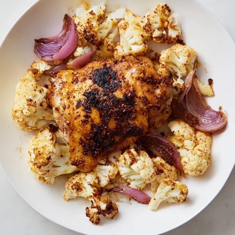A close-up of the Roasted Cauliflower Chicken Sheet Pan shows tender, caramelized vegetables and juicy chicken, ready to be served for a family dinner.