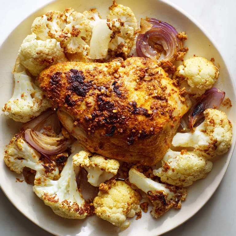 This gluten-free sheet pan meal features golden-brown chicken and cauliflower, served over basmati rice with a bright squeeze of lemon and fresh herbs.