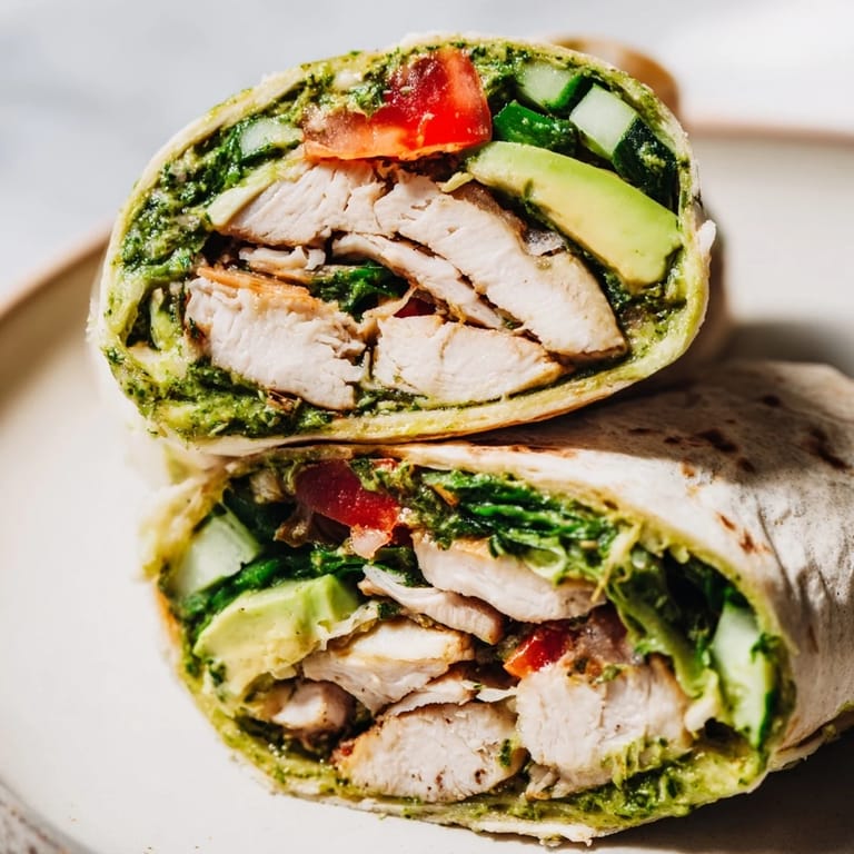 Freshly assembled Chimichurri Chicken Salad Wrap on a plate, packed with sliced cucumbers, ripe tomatoes, and red onion, ready to eat for a healthy lunch.