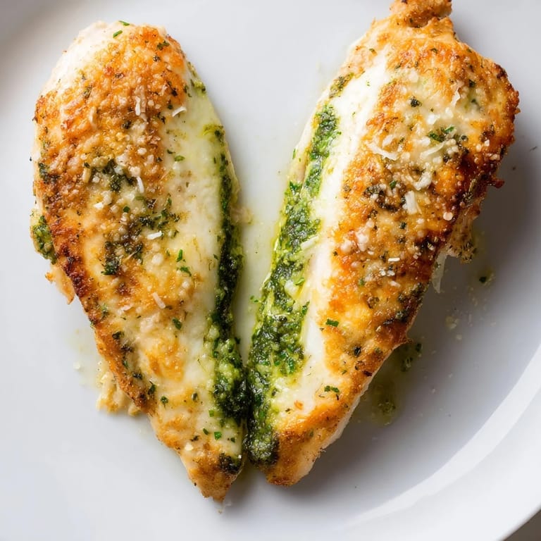 Two slices of juicy Mozzarella & Pesto Stuffed Chicken reveal melted mozzarella and bright pesto filling on a rustic wooden table.
