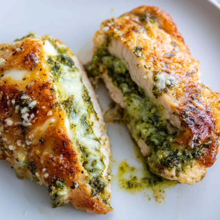 Perfectly baked Mozzarella & Pesto Stuffed Chicken garnished with fresh basil, paired with roasted vegetables for an Italian-inspired dinner.
