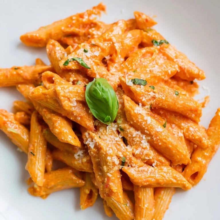 Close-up of a fork lifting saucy Creamy Roasted Red Pepper Pasta from a white bowl.