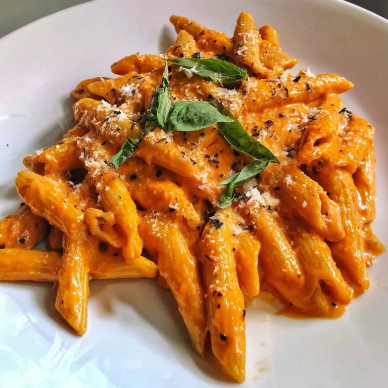 Creamy Roasted Red Pepper Pasta served with a glass of white wine on a rustic table.