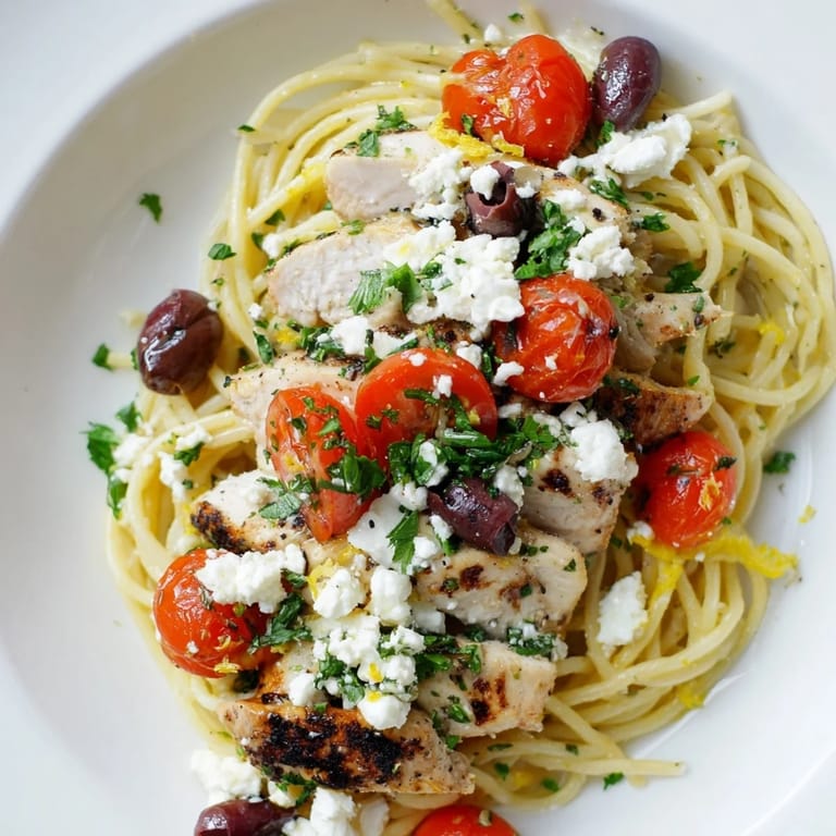 A close-up view of Greek Chicken Spaghetti plated with crumbled feta and fresh parsley garnish.
